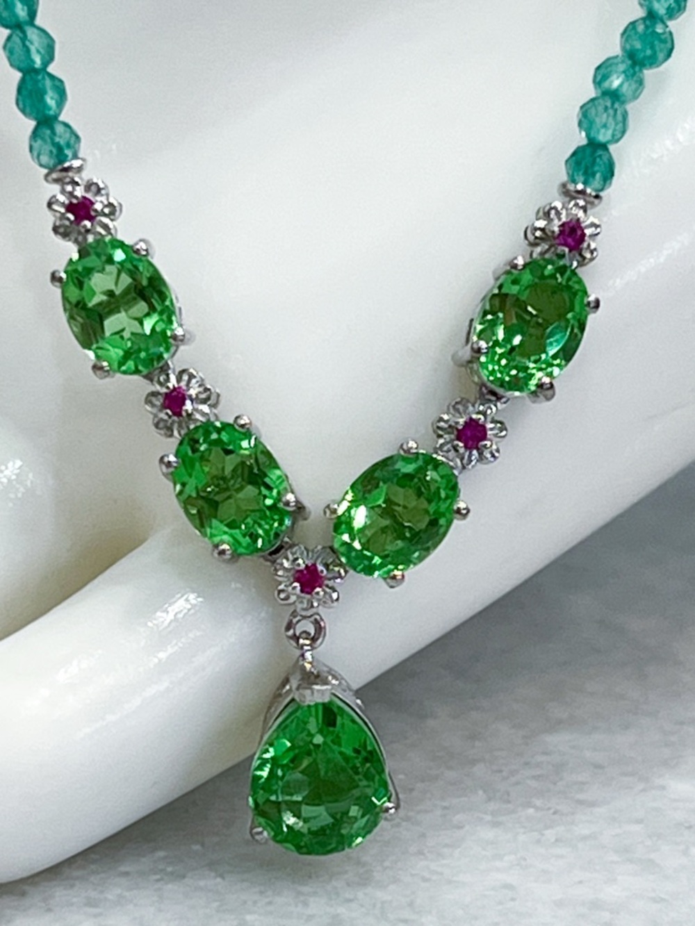 Chartreuse Quartz Multigemstone Silver Floral Y Drop 18” Necklace